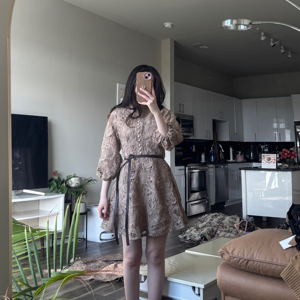 Chic Lace Long Sleeve Dress in Tan